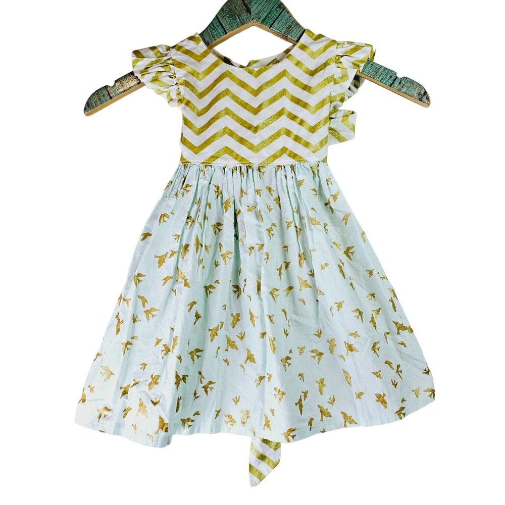 Little Mayz Handmade Dress Mix Match Pattern Gold Chevron with Dove Bottom, 2T